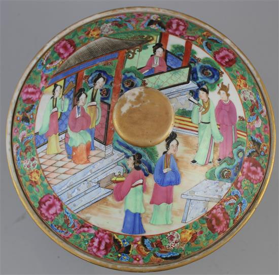 A Chinese Canton-decorated famille rose bowl and cover, c.1830, diam. 25cm, bowl lacking handle